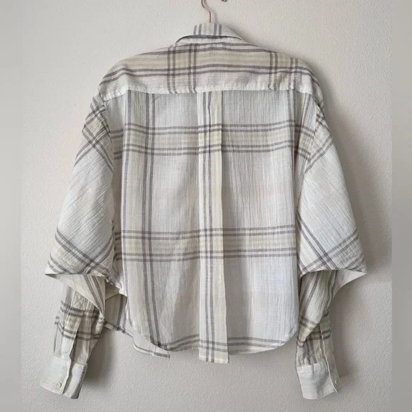 FREE PEOPLE Cutie Plaid Button Down Shirt Top Blouse Dolman Sleeves Ivory SM - Picture 5 of 16